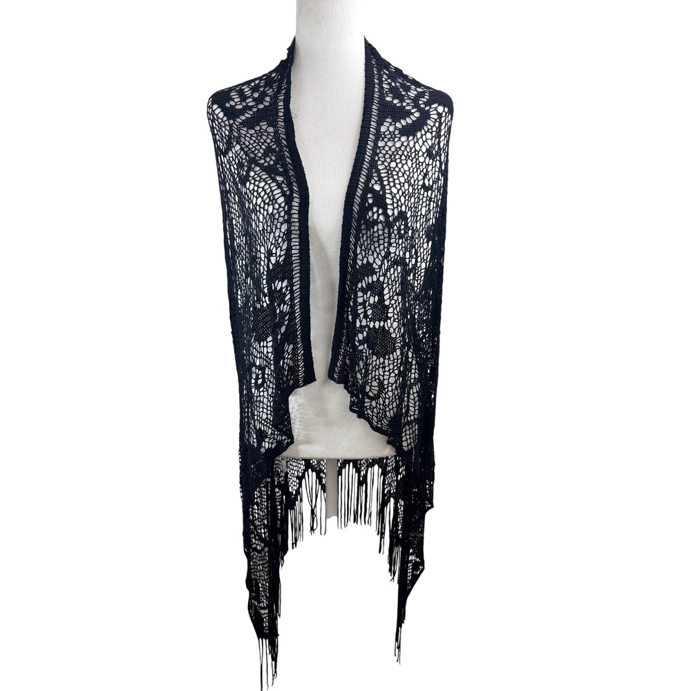 Black Crochet Lace Fringe Vest Floral Open Front Sleeveless Boho Festival Wrap L